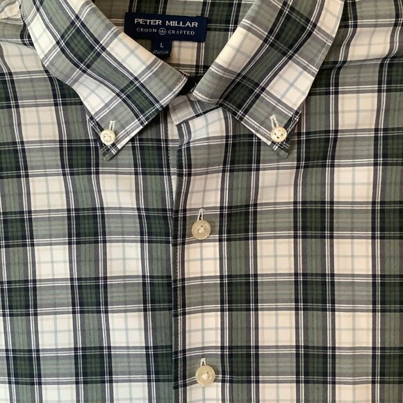 Peter Millar men's buttondown shirt large green plaid white cotton - Picture 5 of 7